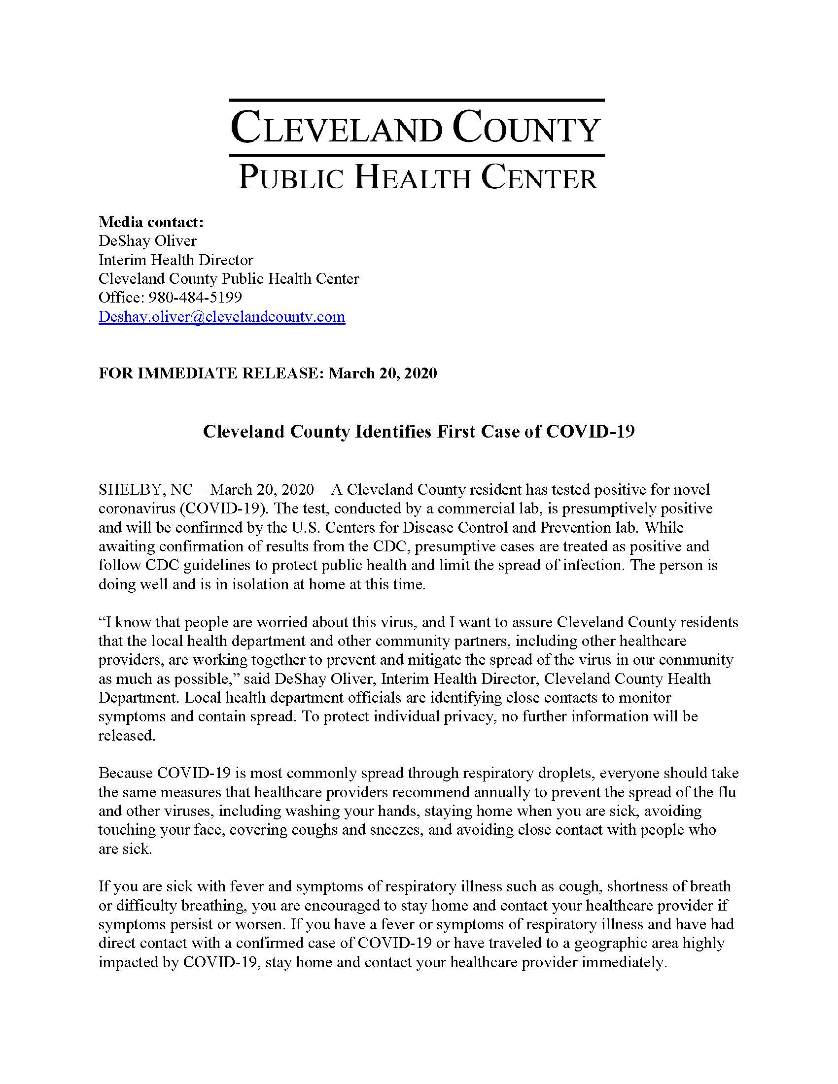 First Confirmed Case of COVID-19 in Cleveland County